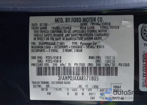 2010 Ford Fusion Sel из США, поврежденный, VIN 3FAHP0JAXAR171805
